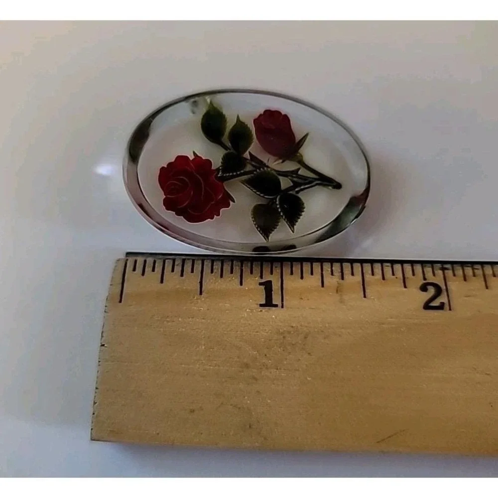 Vintage Oval Lucite Pin Brooch With Reverse Hand‎ Carved Red Roses Gem Tone